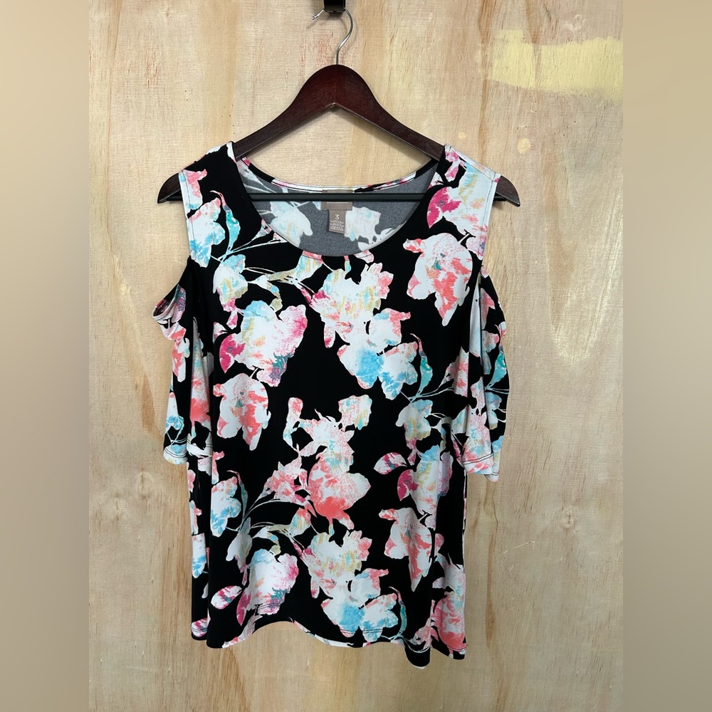 Chico's Black Cold-Shoulder Top with Pastel Floral Print